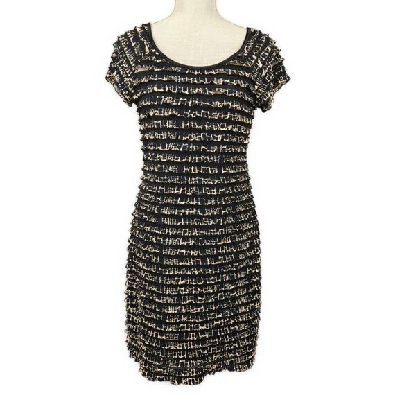 Connected Apparel Pencil Dress Women's Size 10 Black Tan Ruffled Stretch Sheath - Picture 1 of 7